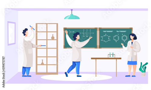 A practical explanation of the new topic. The teachers work at the school. Chemistry lesson. A man discusses with a woman teacher. Experiment in the classroom. Pastime in the educational institution