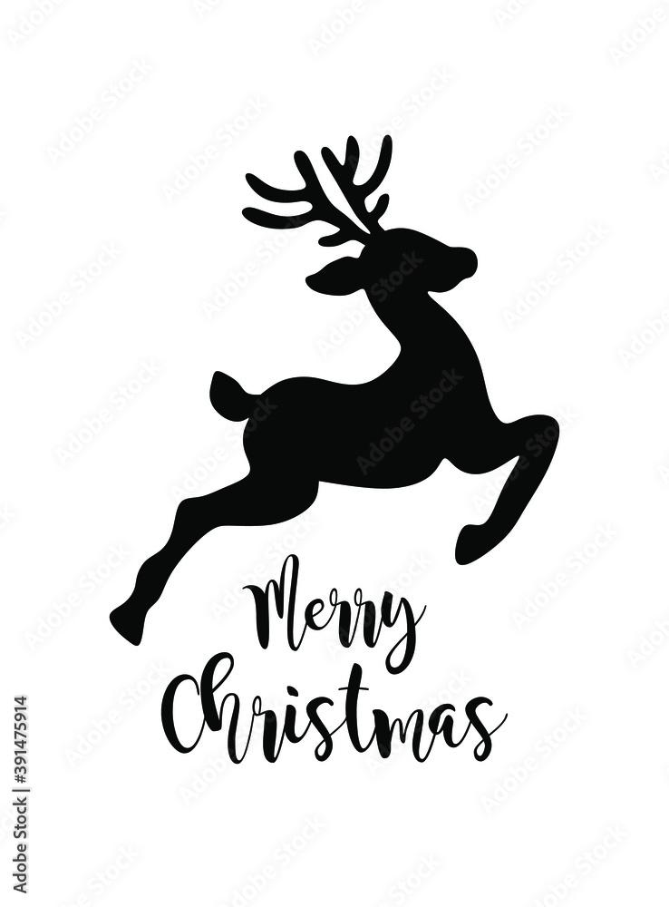 Vector black jumping Reindeer Deer with antlers .Silhouette drawing illustration isolated on white background .Merry Christmas lettering.Gift greeting card.Winter decoration element.Happy New Year. Vector black jumping Reindeer Deer with antlers .Silhouette drawing illustration isolated on white background .Merry Christmas lettering.Gift greeting card.Winter decoration element.Happy New Year.