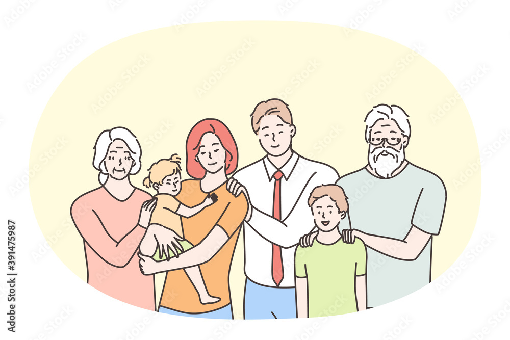 Happy family, parenthood, generations, children concept. Happy parents, grandparents and children standing all together and looking at camera. Togetherness, happiness, couple, kids vector illustration Happy family, parenthood, generations, children concept. Happy parents, grandparents and children standing all together and looking at camera. Togetherness, happiness, couple, kids vector illustration