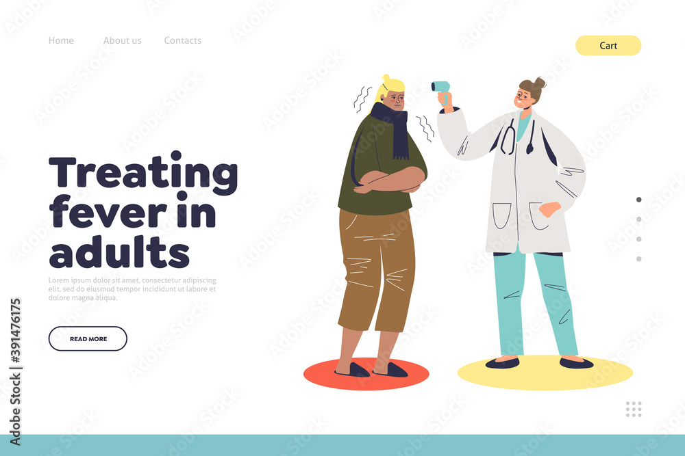 Treating fever concept of landing page with doctor using infrared thermometer measuring temperature Treating fever concept of landing page with doctor using infrared thermometer measuring temperature