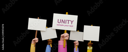 Cartoon hands up with posters on sticks isolated on black background. Different Hands holding Clear blank banners. Concept of unity, protest, revolution, fight, cooperation.3d illustration. Render.