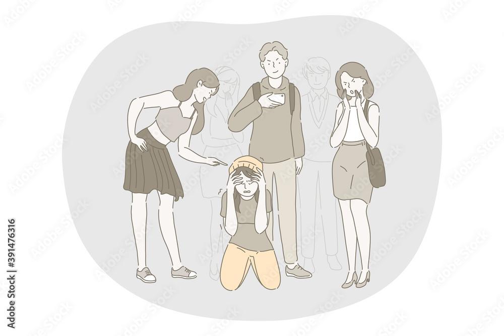 School abuse, harassment, bullying, aggression concept. Group of angry teenagers classmates cartoon characters pointing and abusing sitting on floor unhappy scared depressed girl in school