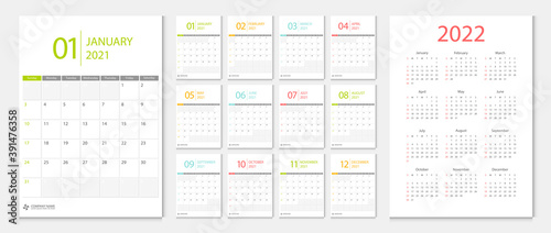 Calendar 2021 week start Sunday corporate design template vector.