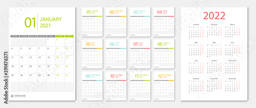 Calendar 2021 week start Monday corporate design template vector.