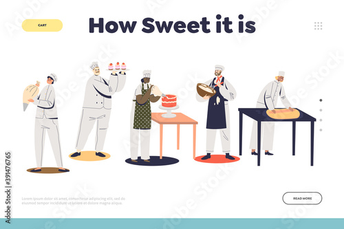 Confectionary service for festive events landing page with group professional confectioners cooking
