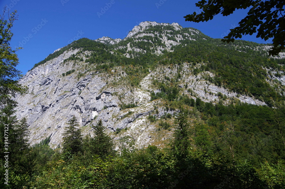 Großer Berg  teils mit Wald teils felsig unter blauem Himmel