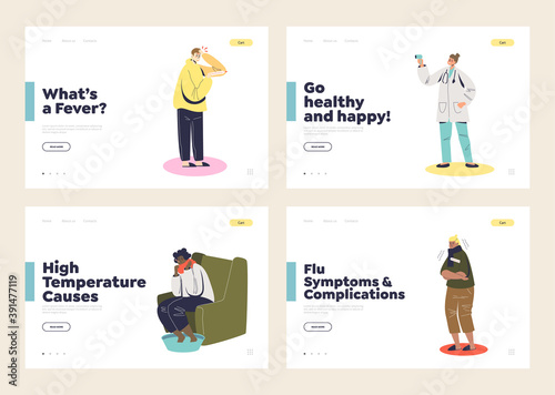Fever symptoms landing pages set with patients, sick cartoon character with high body temperature