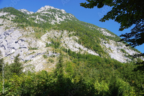 Großer Berg  teils mit Wald teils felsig unter blauem Himmel © Gnther