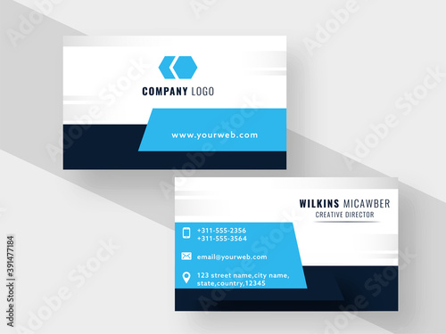 Double-Sides Business Template Or Visiting Card In Blue And White Color.