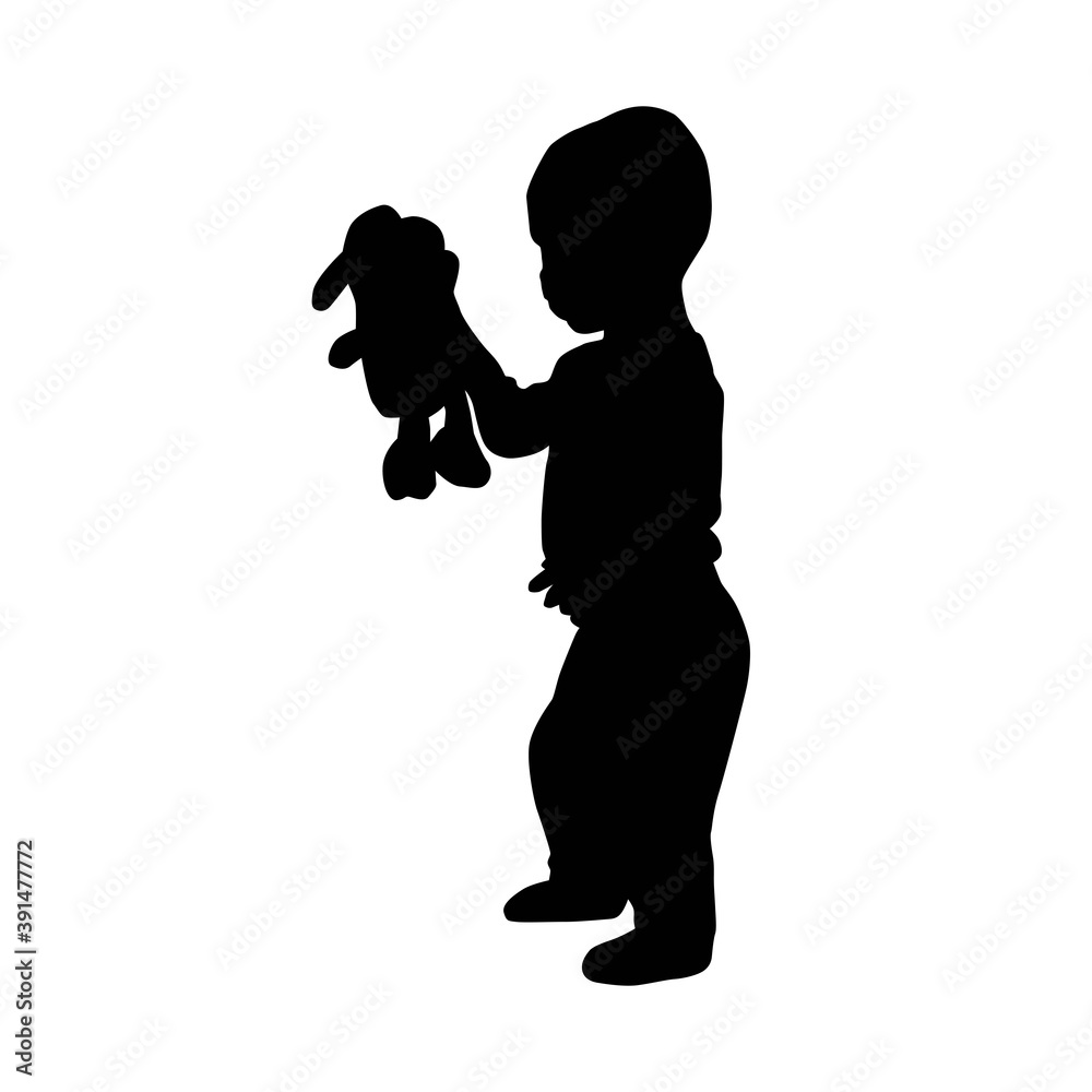 eleven months baby standing and holding toy, child evolution, vector silhouette isolated on white background