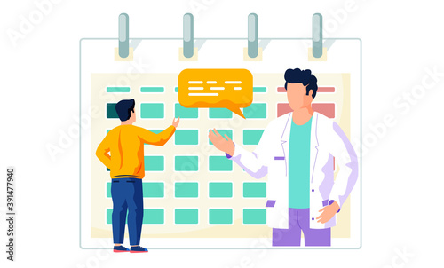 A man makes an appointment with a doctor online. Patient and physician near the work schedule sign up for a meeting, register for an appointment flat vector. Hospital calendar, doctor s work timetable