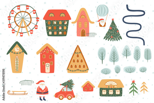 WInter city constructor set elements Christmas houses, village creator. City wheel, car, Santa. Christmas town elements
