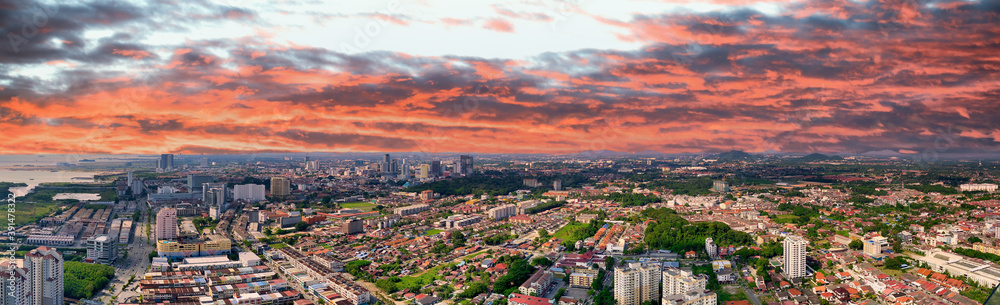 Malacca, Malaysia. Aerial sunset panoramic view of the city