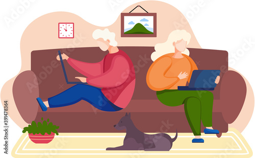 People sitting on the sofa, holding a laptops. Relaxing at home concept vector flat design. Young family sitting on couch and serfing internet, playing games. Rest time, leisure, free time after work
