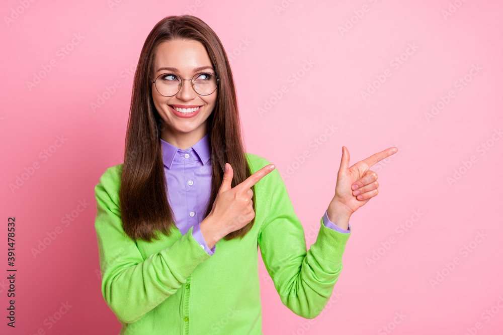 Portrait of positive confident girl point index finger copyspace isolated pastel color background Portrait of positive confident girl point index finger copyspace isolated pastel color background