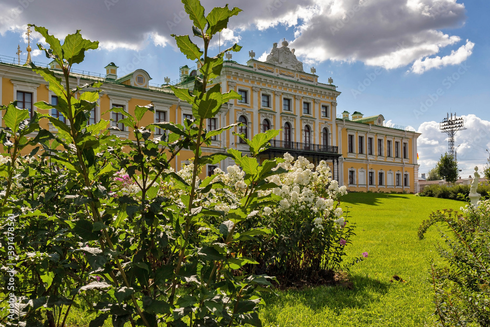 Tver.Tver Imperial travel Palace. 18th century. Cathedral square, view from the Volga embankment. The Palace Of Oldenburg. Summer day