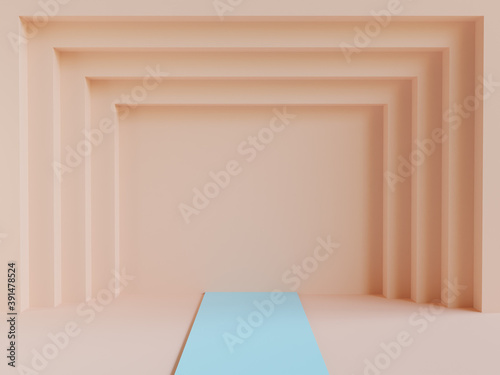 Minimal abstract orange step background with blue carpet. 3d render illustration.