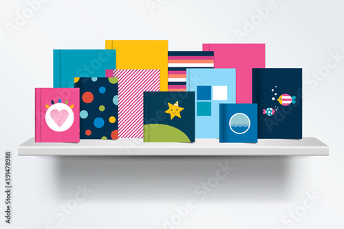 Children, kids Bookshelf. Front view of books cover standing on grey background with shadows. Vector illustration.