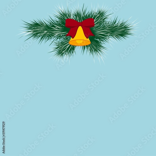 Decorative Christmas background for your announcement and advertisement. Spruce branches with a bell and a red bow in the middle. Vector illustration.