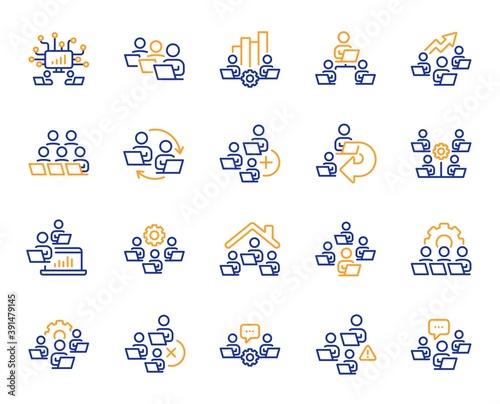 Teamwork line icons. Working at home, Online Team worker, Remote office. Artificial intelligence, Growth chart, Online home job line icons. Remote team work, people study, programmers. Vector