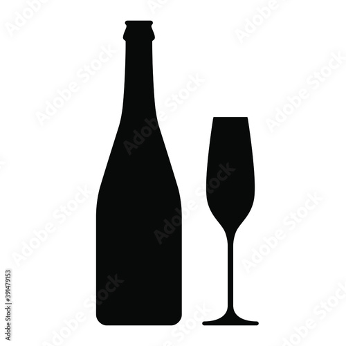 Champagne bottle and glass graphic icon. Bottle and glass of champagne sign isolated on white background. Vector illustration