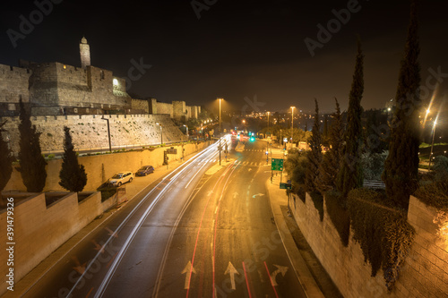 jerusalem-israel. 28-10-2020. Long exposure of vehicles on the main road near the walls of the Old City of Jerusalem, against the background of the Tower of David.