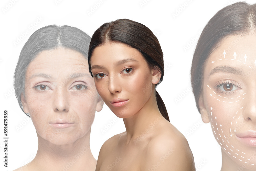 Comparison. Portrait of beautiful woman with problem and clean skin, aging and youth concept, beauty treatment and lifting. Before and after concept. Youth, old age. Process of aging and rejuvenation Comparison. Portrait of beautiful woman with problem and clean skin, aging and youth concept, beauty treatment and lifting. Before and after concept. Youth, old age. Process of aging and rejuvenation