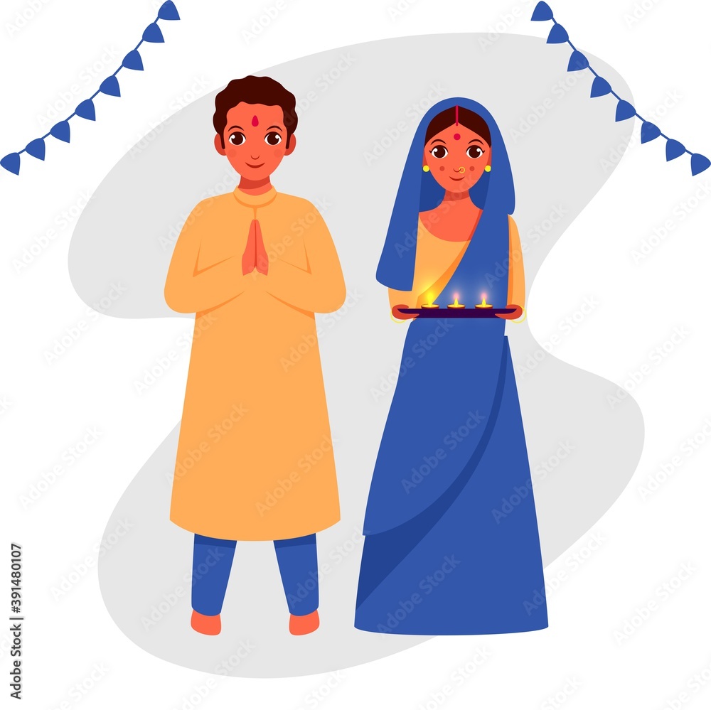Indian Couple Character With Lit Oil Lamps (Diya) Plate In Welcome Pose.
