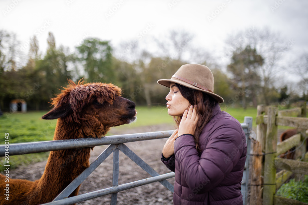 Brunette woman wearing a hat pretending to kiss a brown alpaca behind a fence