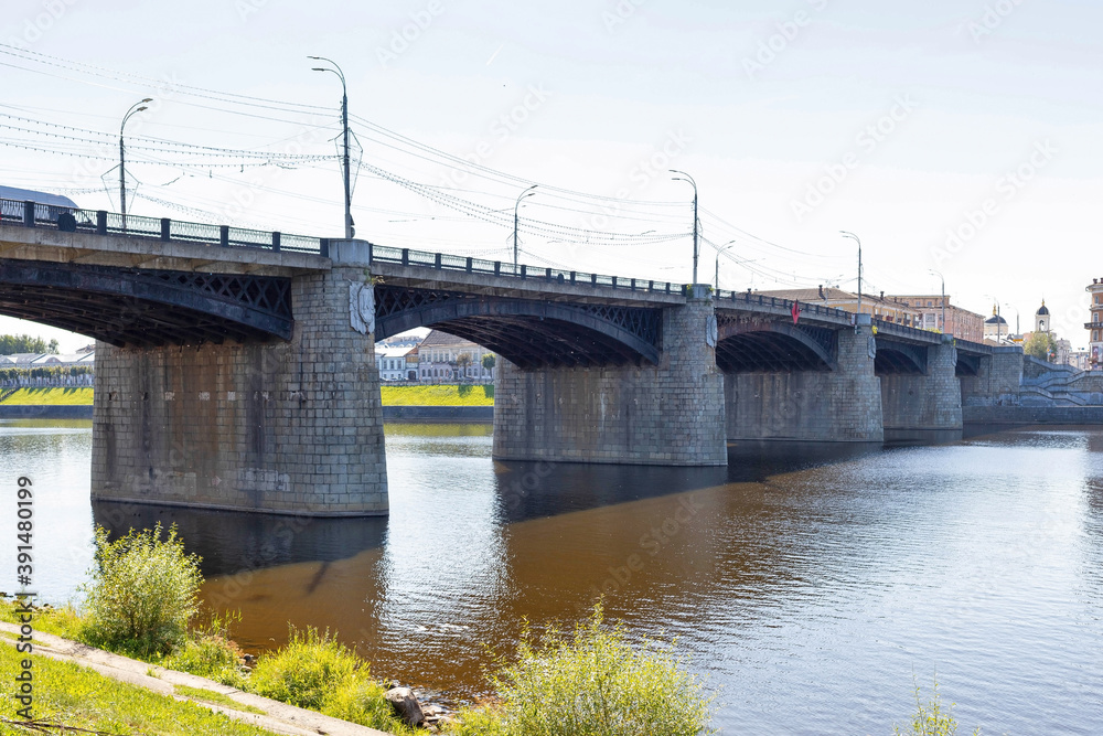Tver. Tver region. Walk along the Volga. View of the New Volga bridge and the old Volga bridge.