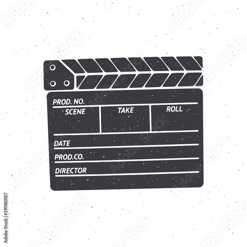 Silhouette of closed clapperboard. Vector illustration. Symbol of the movie industry, used in cinema when shooting a film. Pattern for signboards, showcases, posters. Isolated white background