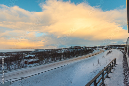Photography Scenic view of swedish winter landscape in deep snow seen from the night train f