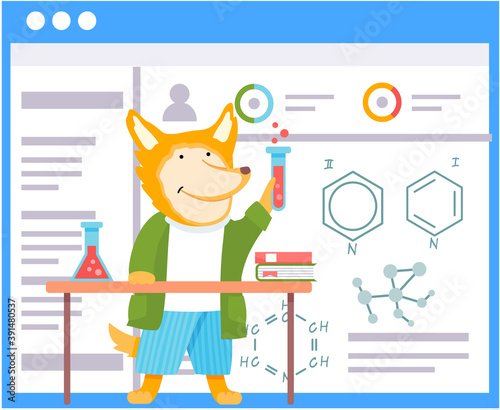 A fox schoolboy with test tube in hands in chemistry class. Funny cartoon animal student. Smart active pupil is making experiments in a chemistry lab in the classroom. Back to school, education theme