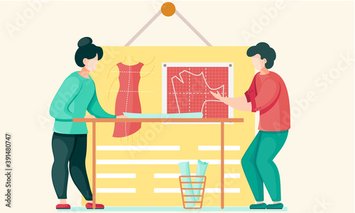 Colleagues in the atelier are discussing the model of the future dress depicted on the red board in the background. Girl and guy draw a pattern for future clothes. Professional tailoring studio