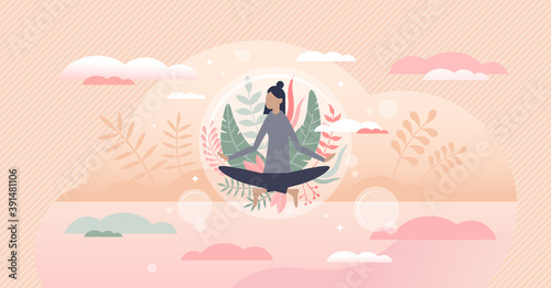 Meditation harmony and balance as floating peace bubble tiny person concept