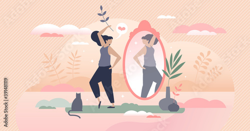 Positive attitude about body and physical self assessment tiny person concept