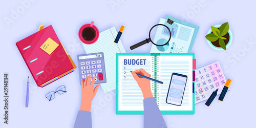 Financial accounting flat lay concept with hands managing and planning family budget. Personal monthly audit top view illustration with smartphone, workplace, folder. Budget planning background