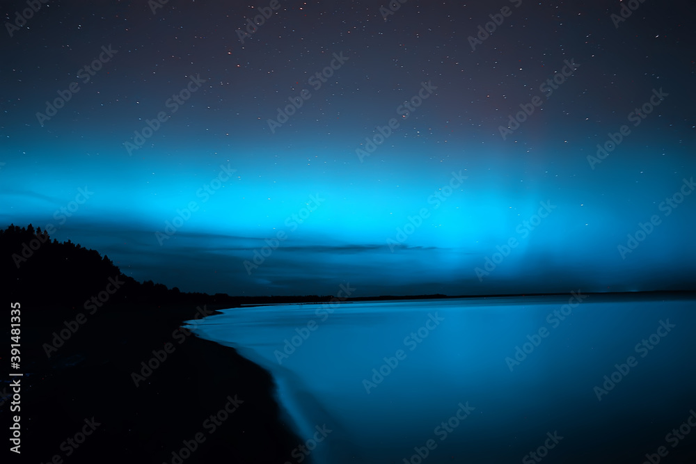 summer landscape aurora borealis, view of the radiance of the sky, abstract night nature