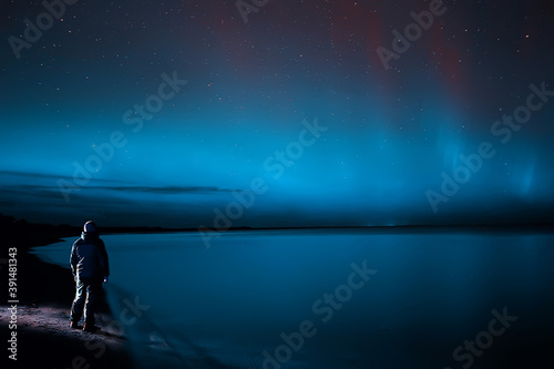 northern lights lonely man lakeside beautiful nature night sky landscape