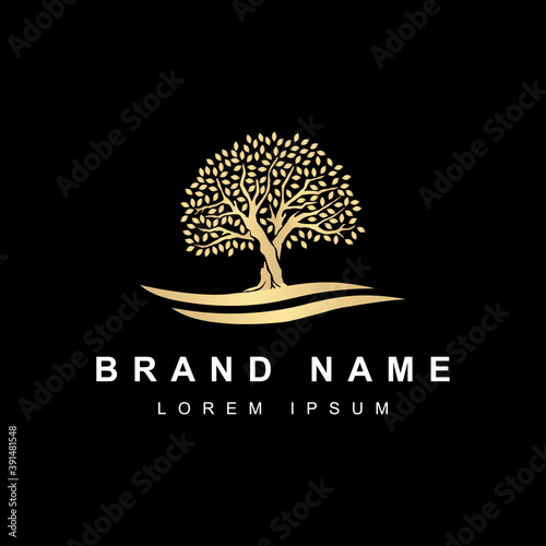 Luxury oak tree with river, lake or water. Golden gradient color