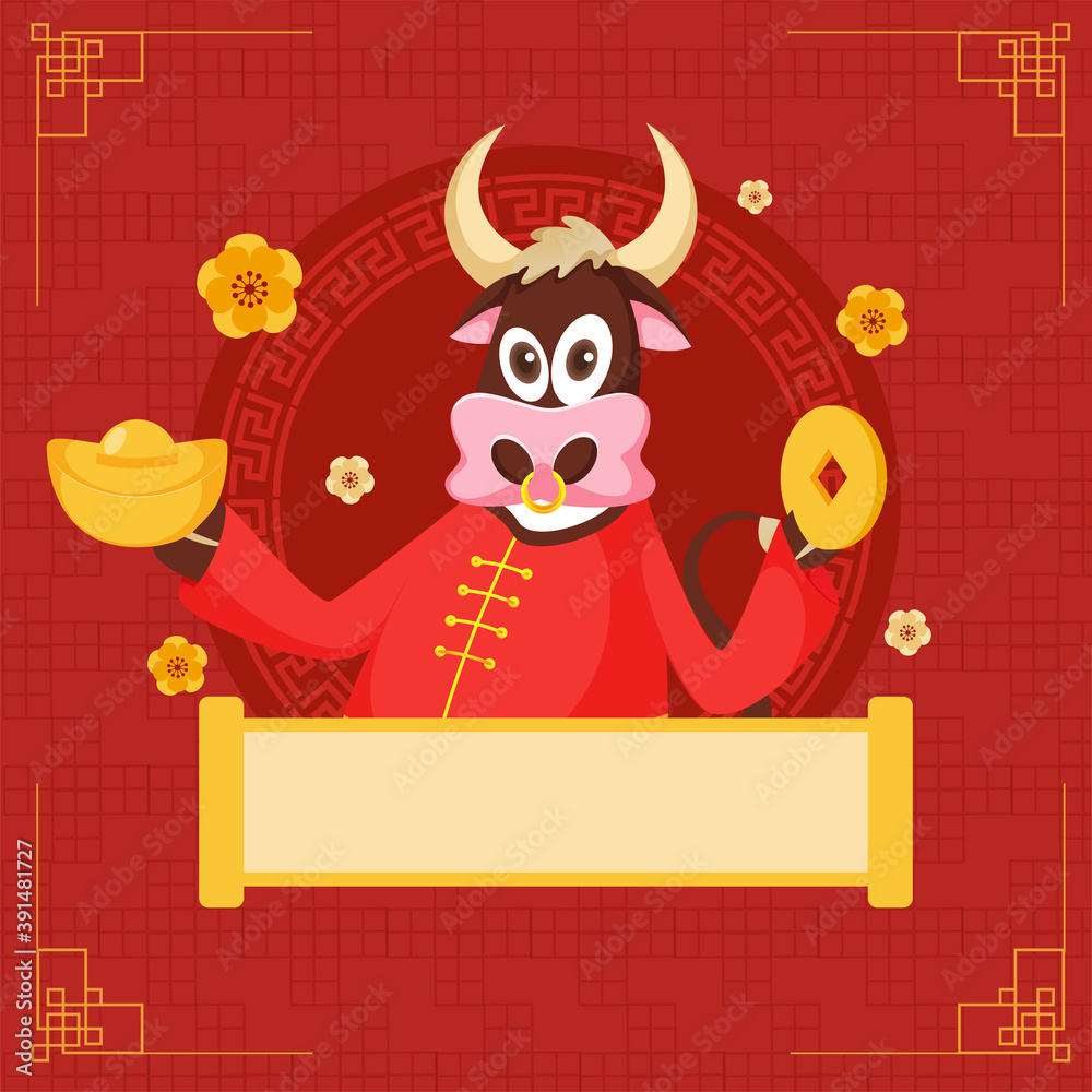 Cartoon Ox Character Holding Ingot With Qing Ming Coin And Empty Scroll Paper Given For Message On Red Background. Cartoon Ox Character Holding Ingot With Qing Ming Coin And Empty Scroll Paper Given For Message On Red Background.