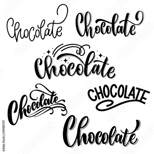 Different spelling of the word chocolate. Hand written lettering. Vector design elements for t-shirts, bags, posters, cards, stickers and menu