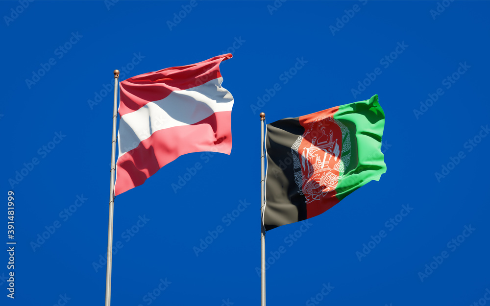 Beautiful national state flags of Afghanistan and Austria together at the sky background. 3D artwork concept.