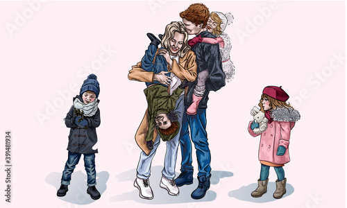 Parents and children for a walk in the winter, cartoon style. Mom and Dad laugh while the kids sit on their backs. Relatives have fun together. Happy family on the street in winter. Perfect family