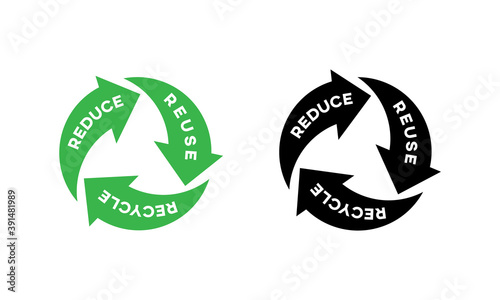 Reduce reuse recycle Symbol green in circle shape. Zero waste, environment protection, sustainability. Eco green recycled symbol set vector illustration isolated on white  background