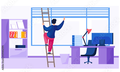 Worker spend time at the workplace. A man is climbing a stepladder near the window and raise his arm up. Working day in the office. The guy went upstairs to fix the window or fix the blinds