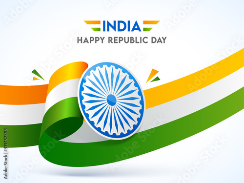 India Happy Republic Day Poster Design With Wavy Tricolor Ribbon And Ashoka Wheel On White Background.