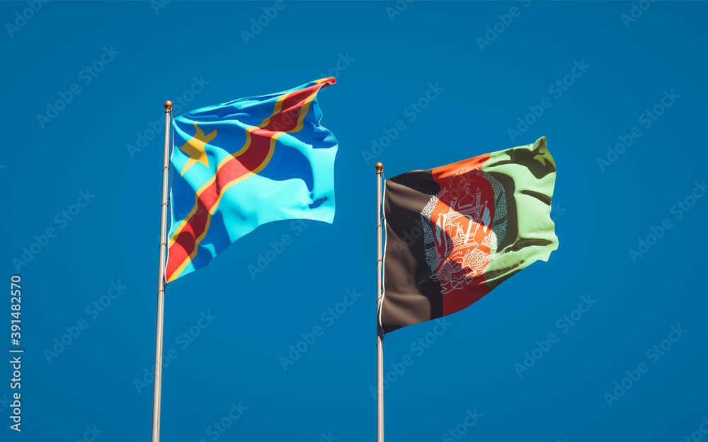 Beautiful national state flags of Afghanistan and Congo together at the sky background. 3D artwork concept. Beautiful national state flags of Afghanistan and Congo together at the sky background. 3D artwork concept.