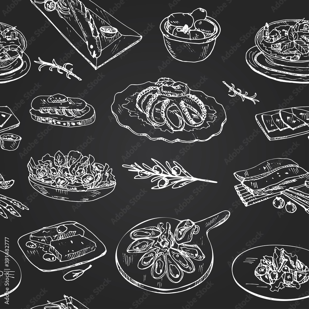 Mediterranean cuisine seamless pattern with food and drink hand drawn doodles. Vector illustration Mediterranean cuisine seamless pattern with food and drink hand drawn doodles. Vector illustration