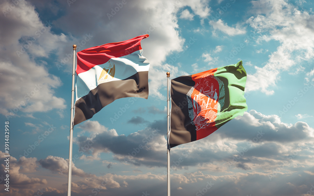 Beautiful national state flags of Egypt and Afghanistan together at the sky background. 3D artwork concept.